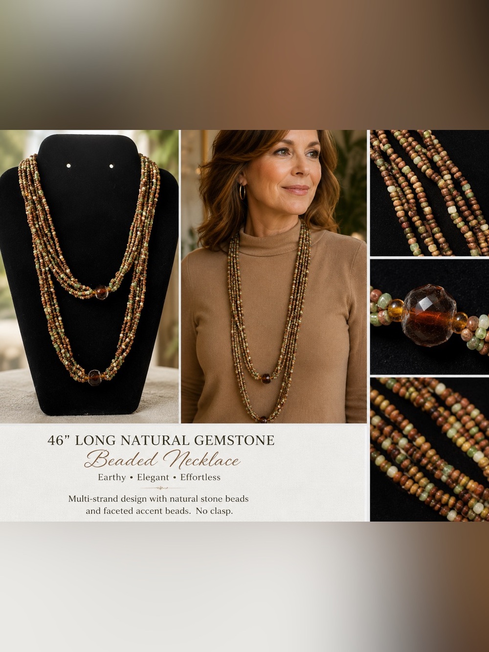 46" Multi-Strand Natural Gemstone Beaded Necklace - Brown & Green